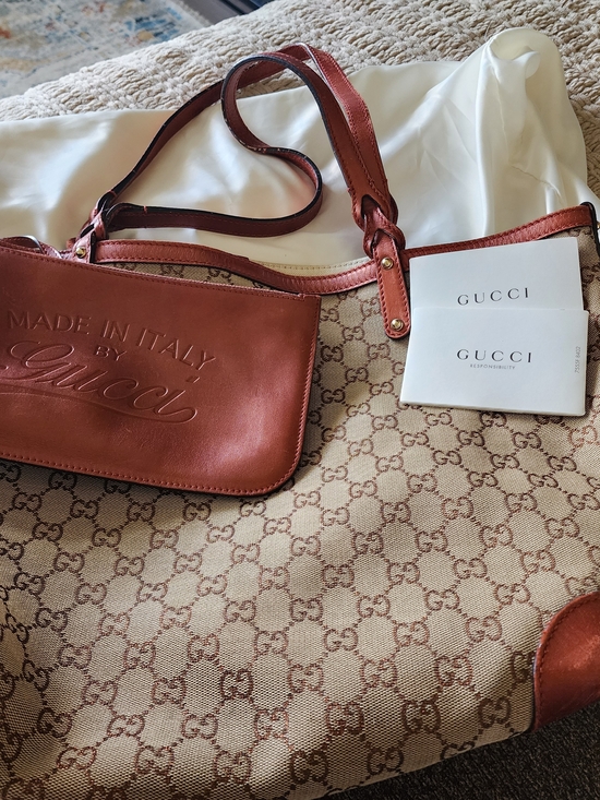 Gucci Handbags - Gucci Brown Monogram Canvas and Leather Shoulder Bag